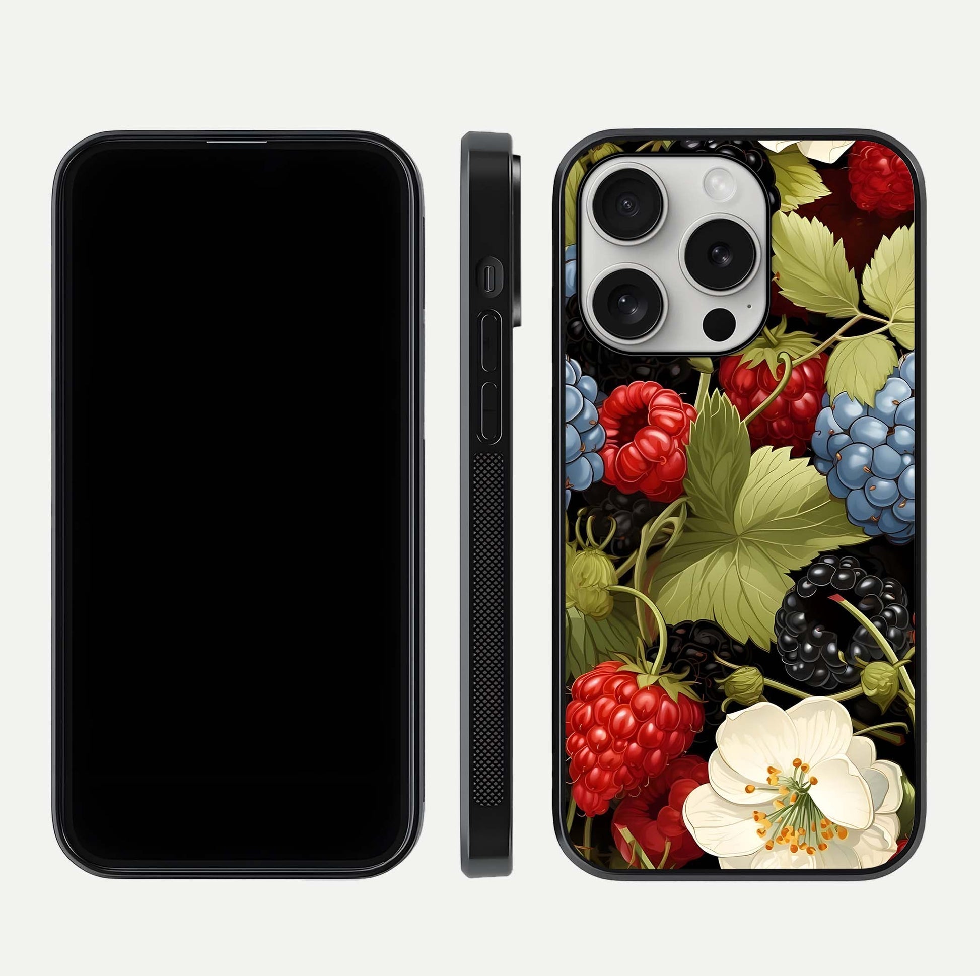 Berry Bloom Charm Glass Case for iPhone 16 Pro front-and-back layout showing floral pattern continuity and smooth glass shine