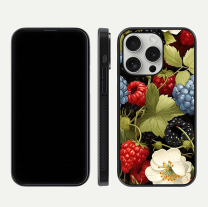 Berry Bloom Charm Glass Case for iPhone 16 Pro front-and-back layout showing floral pattern continuity and smooth glass shine