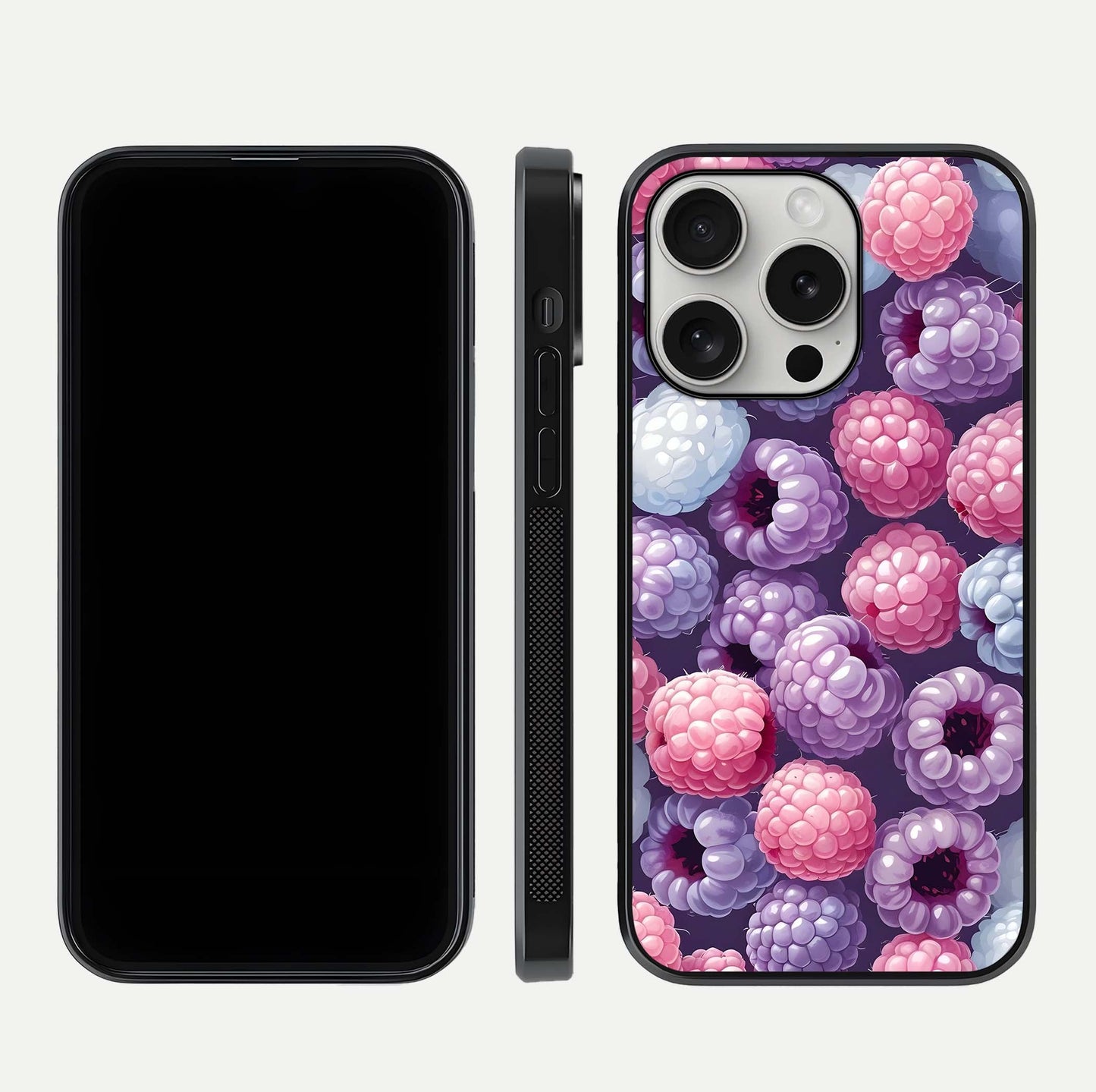 Berry Candy Pop Glass Case for iPhone 16 Pro front-and-back layout showing colorful pattern and sleek protective frame