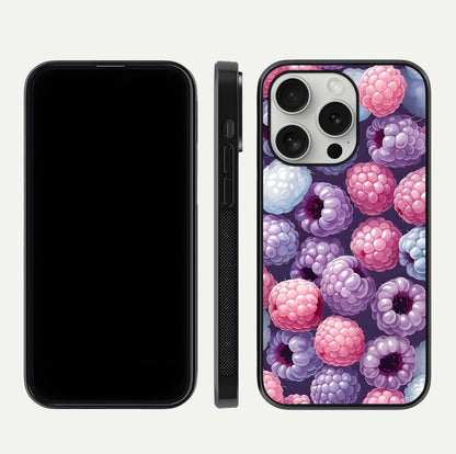 Berry Candy Pop Glass Case for iPhone 16 Pro front-and-back layout showing colorful pattern and sleek protective frame