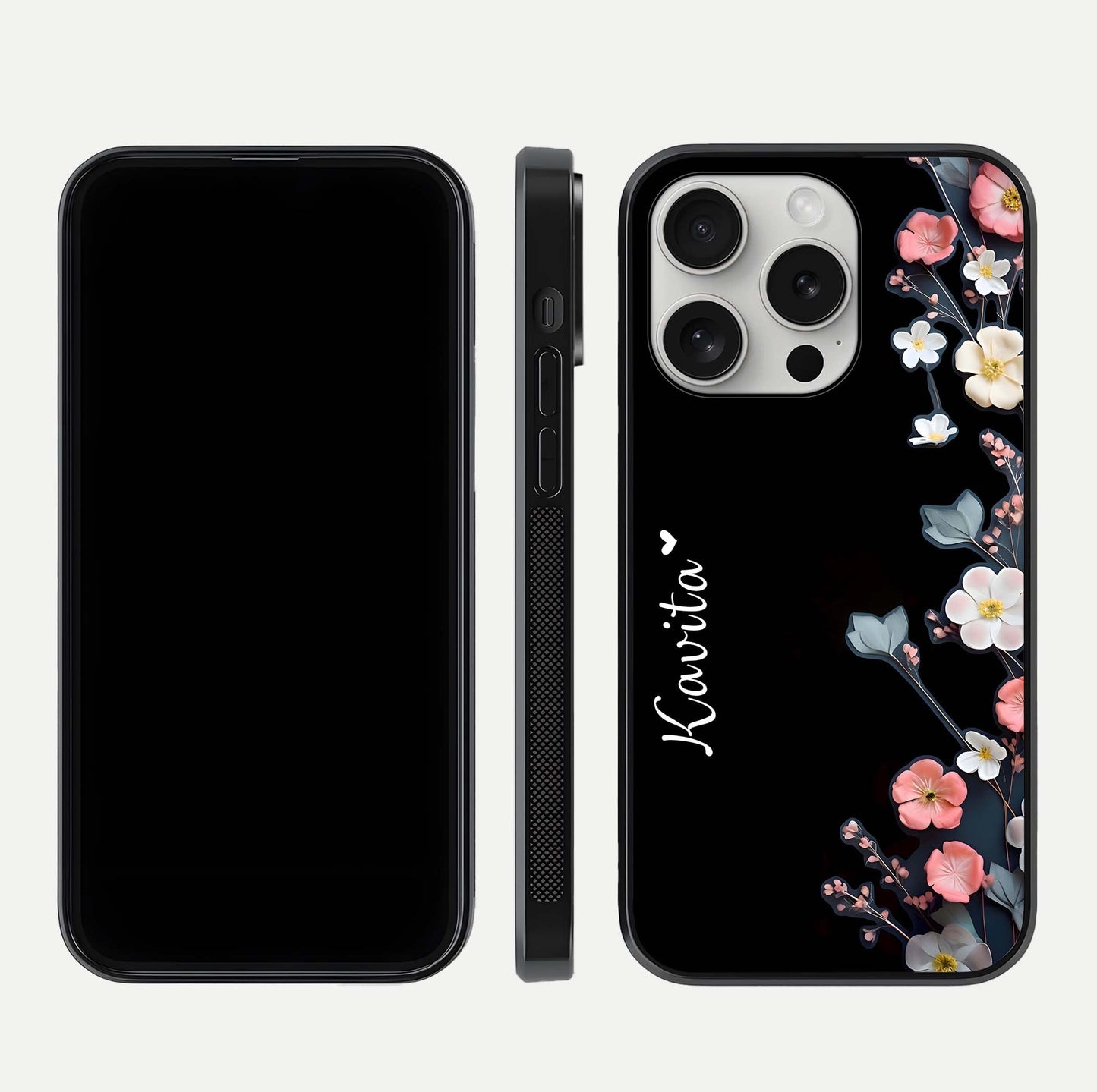 Black Elegance Floral Custom Name Glass Case for iPhone 16 Pro dual-view layout displaying name placement and gloss finish
