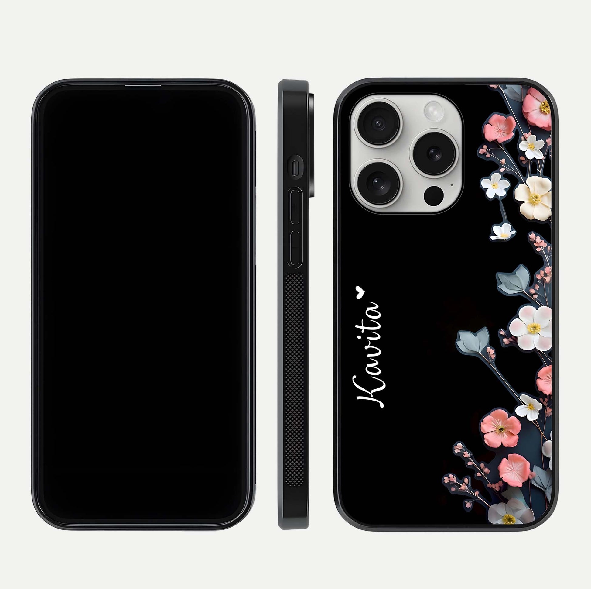 Black Elegance Floral Custom Name Glass Case for iPhone 16 Pro dual-view layout displaying name placement and gloss finish