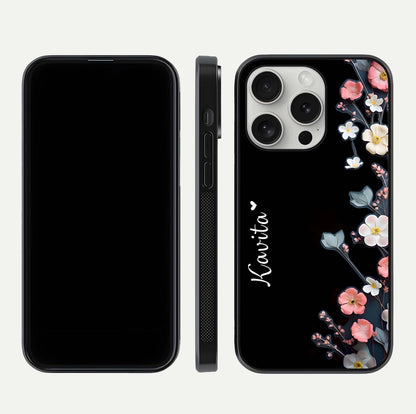 Black Elegance Floral Custom Name Glass Case for iPhone 16 Pro dual-view layout displaying name placement and gloss finish