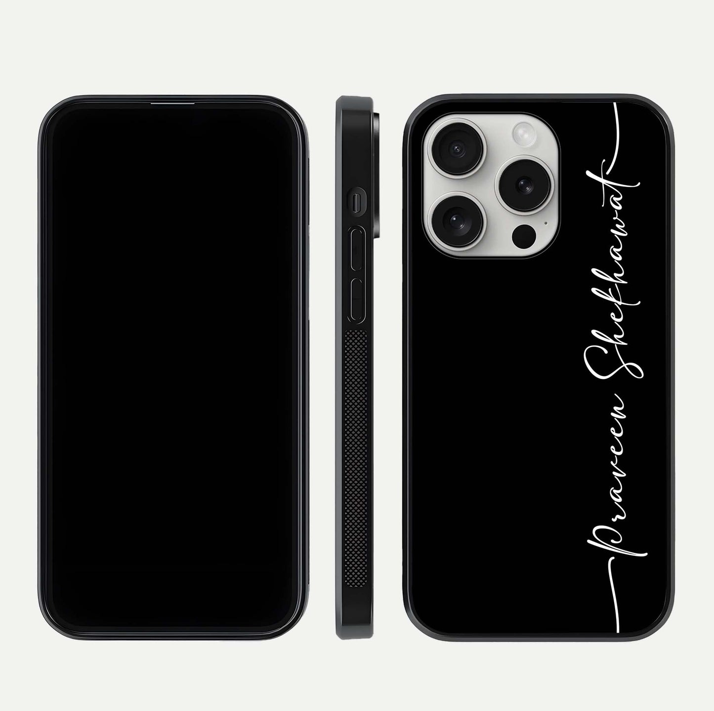 Black Tune Custom Name Glass Case for iPhone 16 Pro front-and-back layout showing personalized name zone and edges