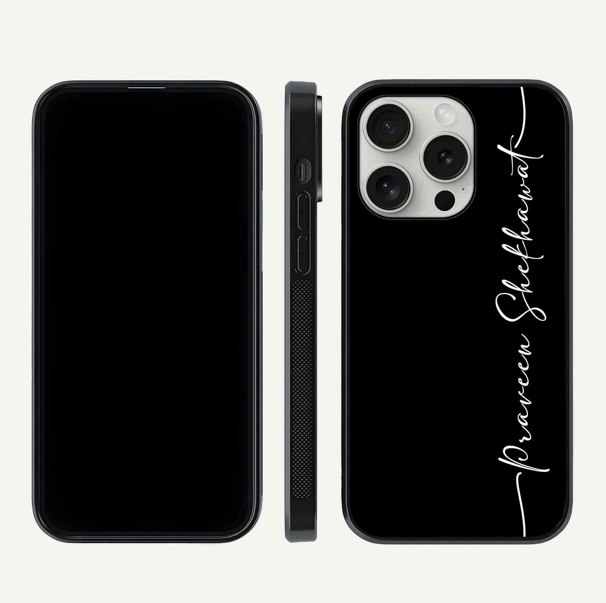 Black Tune Custom Name Glass Case for iPhone 16 Pro front-and-back layout showing personalized name zone and edges