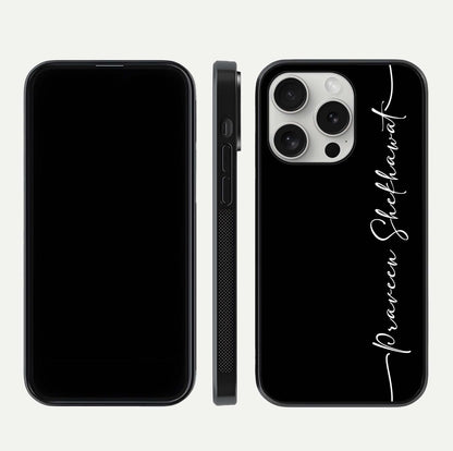 Black Tune Custom Name Glass Case for iPhone 16 Pro front-and-back layout showing personalized name zone and edges