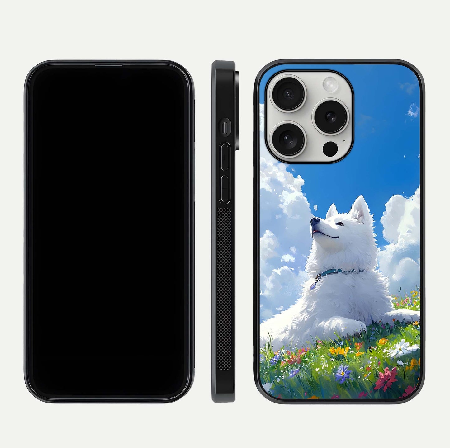 Blissful Cloud Pup Glass Case for iPhone 16 Pro front-and-back layout showing art alignment and edge design