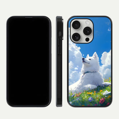 Blissful Cloud Pup Glass Case for iPhone 16 Pro front-and-back layout showing art alignment and edge design