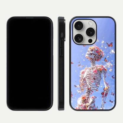 Bloom Beyond Bones Glass Case for iPhone 16 Pro dual-view layout showing creative aesthetic and edge design