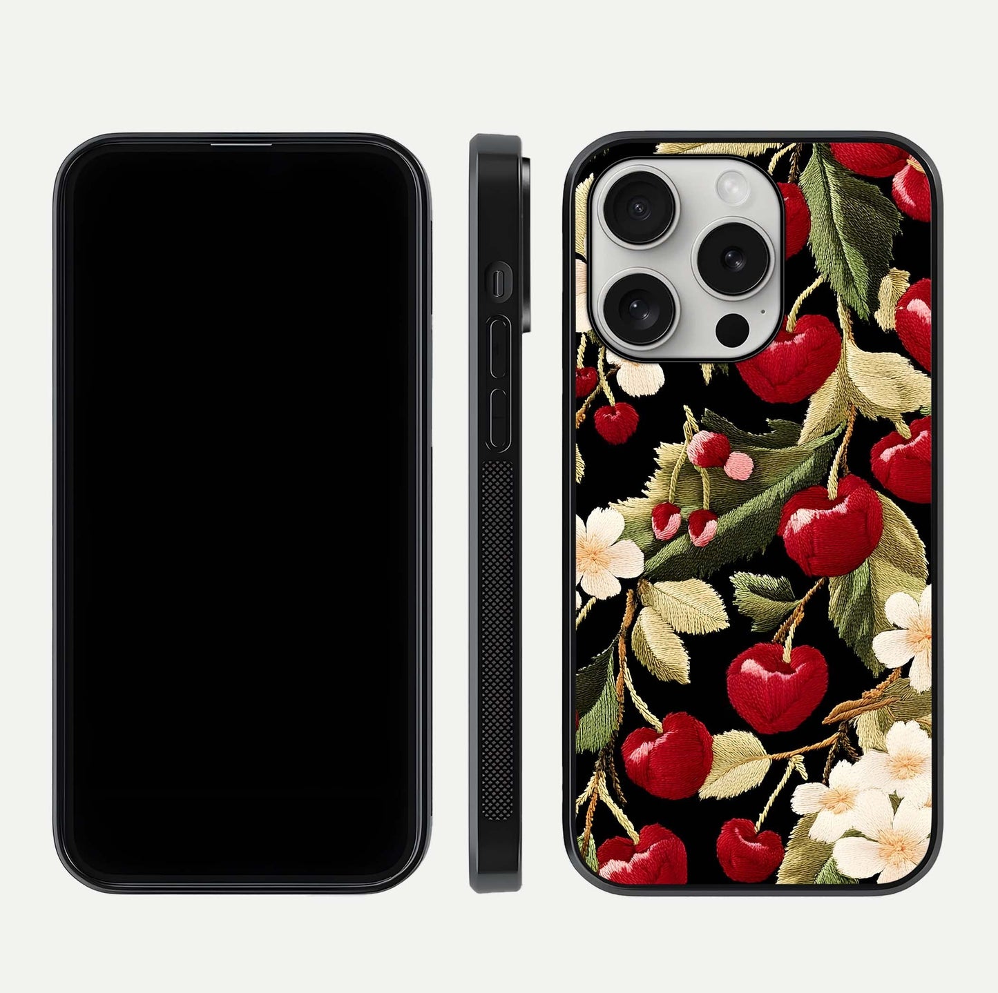 Bloom Thread Art Glass Case for iPhone 16 Pro front-and-back layout showing smooth edges and high-clarity print