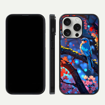 Blooming Spendor Bird Glass Case for iPhone 16 Pro front-and-back view showing nature print and protective edge