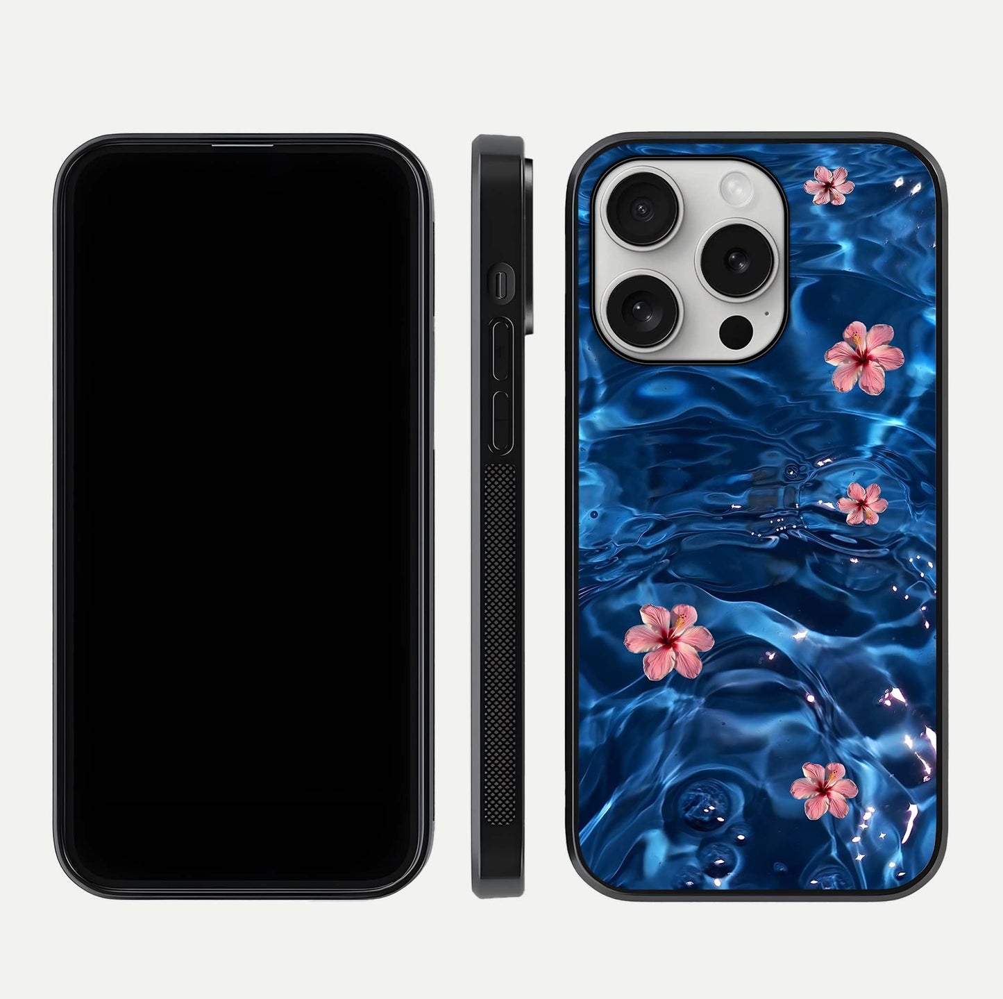 Blooming Water Drift Glass Case for iPhone 16 Pro front-and-back layout highlighting edge design and serene water bloom art