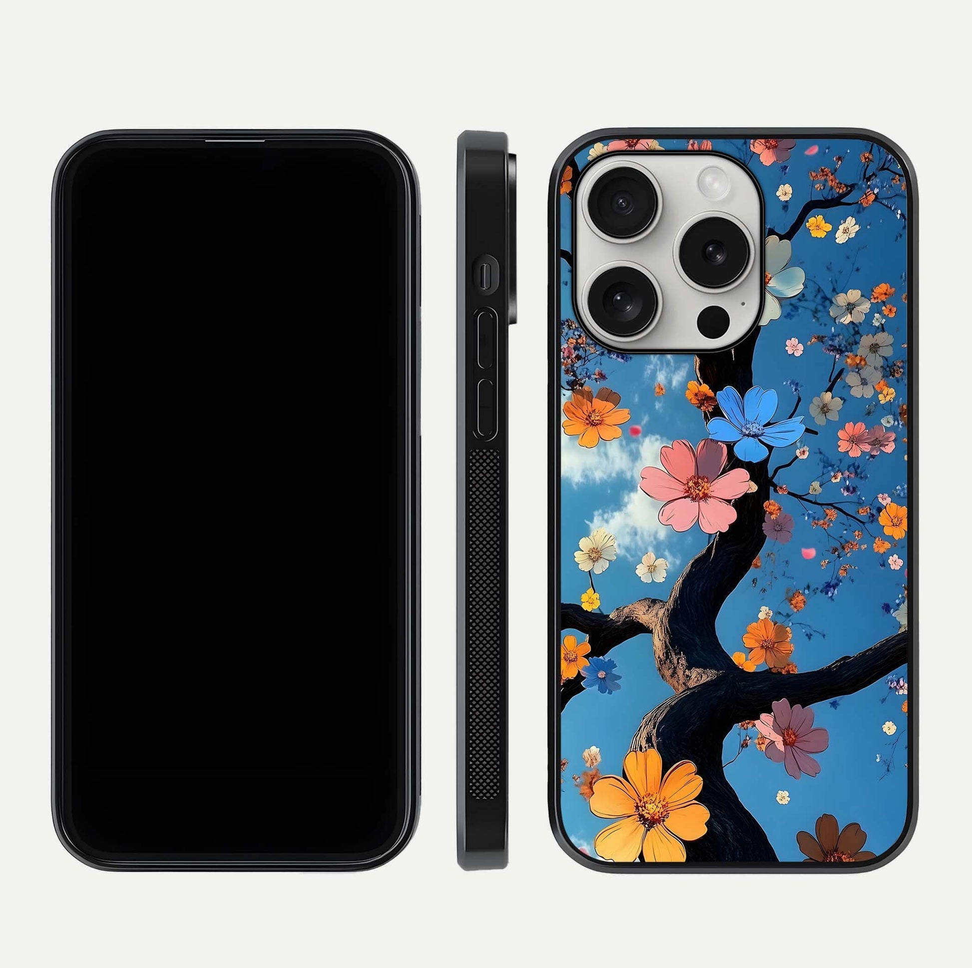 Blossom Dream Sky Glass Case for iPhone 16 Pro front-and-back layout showing floral print and premium edge gloss