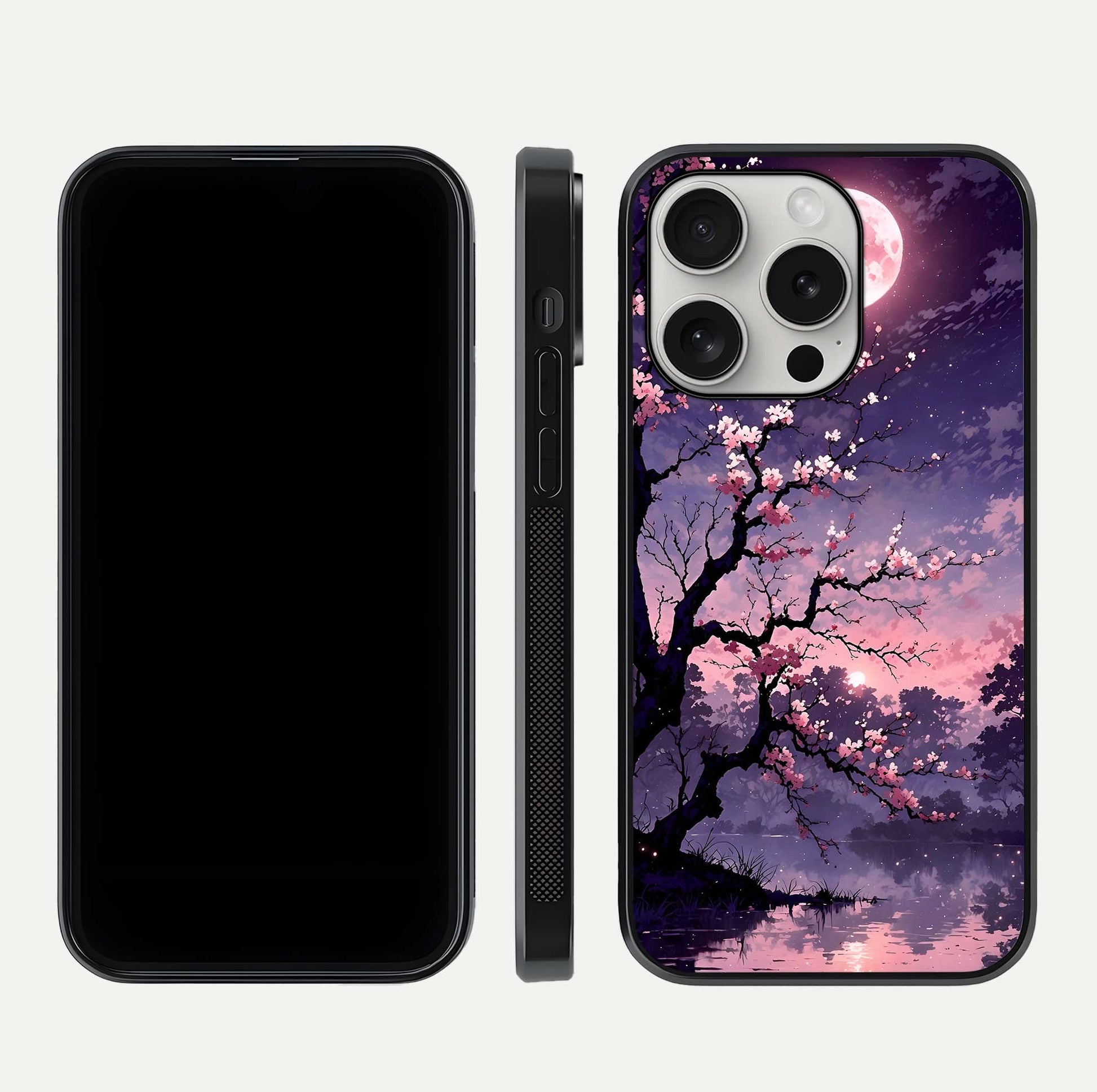 Blossom Pink Moon Glass Case for iPhone 16 Pro front-and-back layout showing minimal edges and artistic flower print