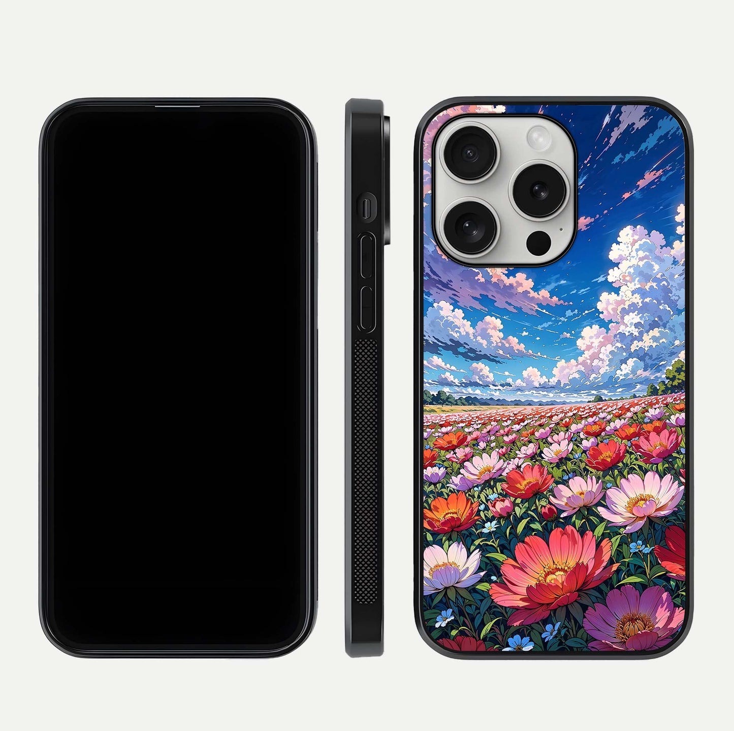 Blossom Sky Field Glass Case for iPhone 16 Pro front-and-back layout highlighting design edges and gloss clarity