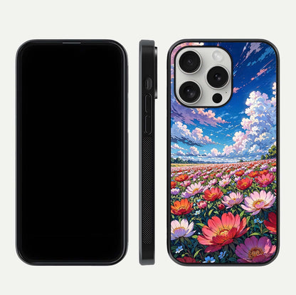 Blossom Sky Field Glass Case for iPhone 16 Pro front-and-back layout highlighting design edges and gloss clarity