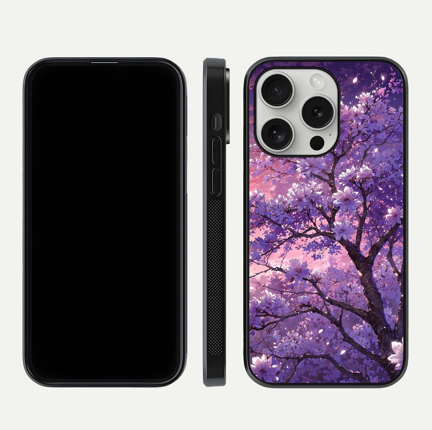 Blossom Tree Glass Case for iPhone 16 Pro front-and-back layout showing art alignment and gloss reflection