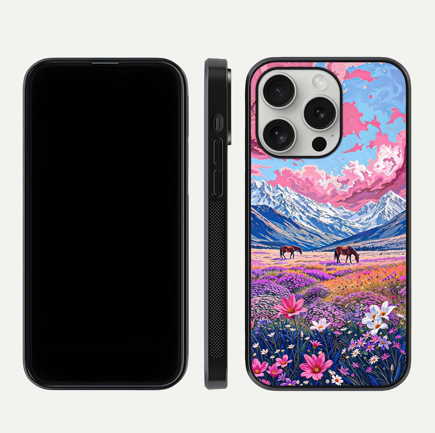 Blossom Valley Dream Glass Case for iPhone 16 Pro front-and-back layout highlighting glossy reflection and edge cut