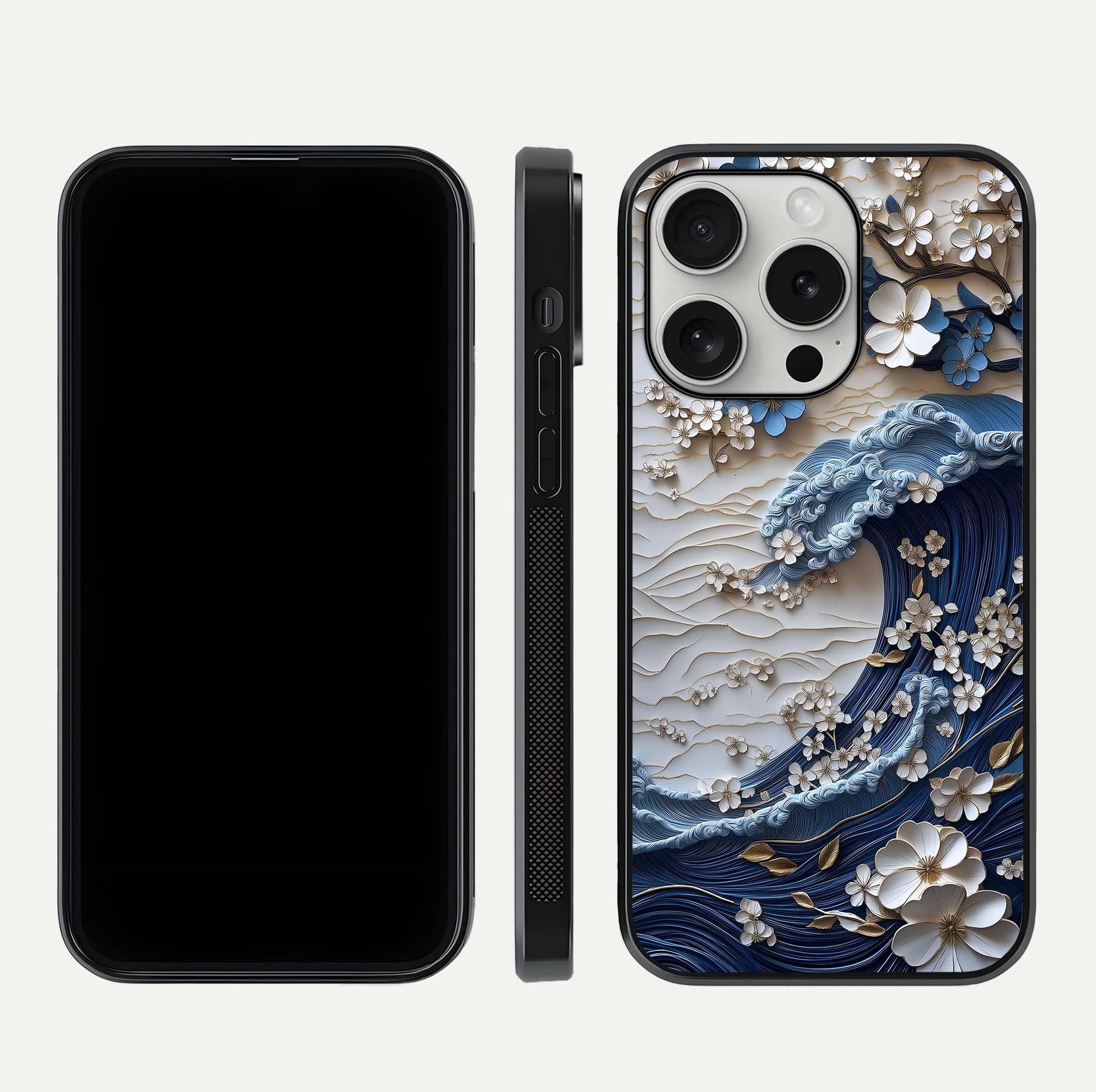 Blossom Wave Art Glass Case for iPhone 16 Pro front-and-back layout showing curved design and glass clarity
