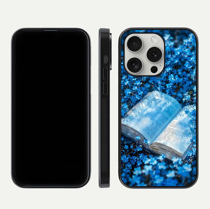 Blue Bloom Tales Glass Case for iPhone 16 Pro dual-view layout highlighting shine, floral print, and smooth edges