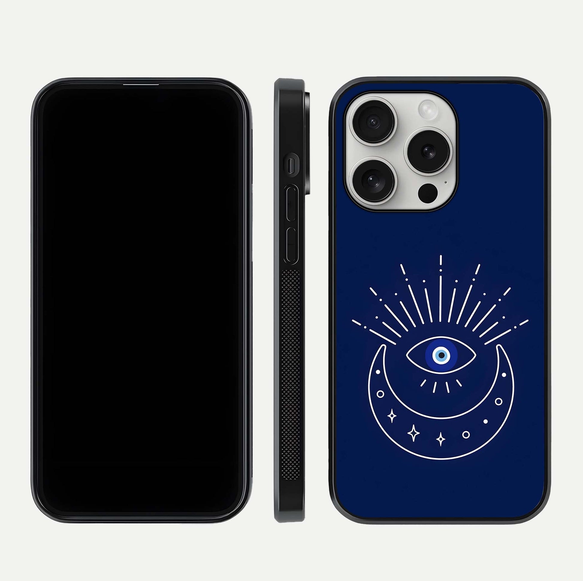 Blue Evil Eye Glass Case for iPhone 16 Pro front-and-back layout showing blue aura design and curved-edge clarity
