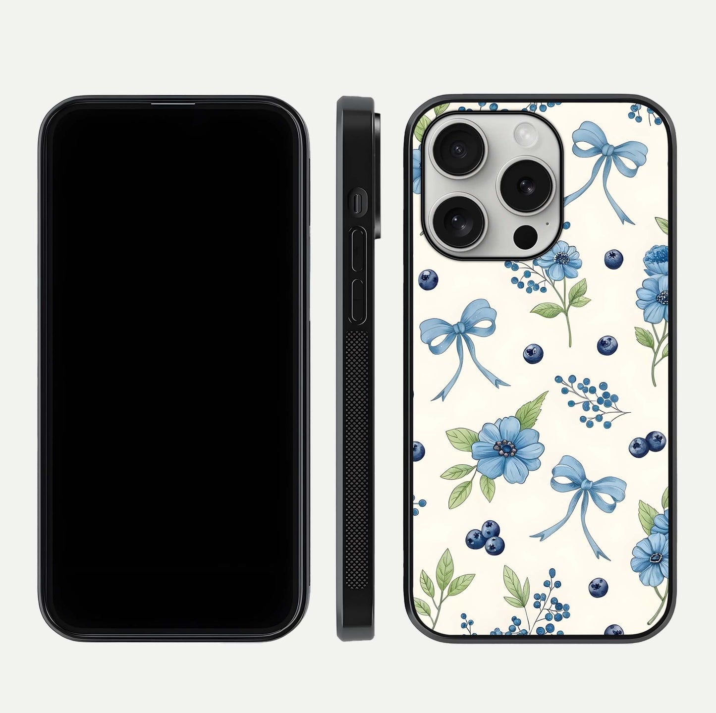 Blue Flower & Bow Glass Case for iPhone 16 Pro dual-view layout showing balanced pattern and smooth edges