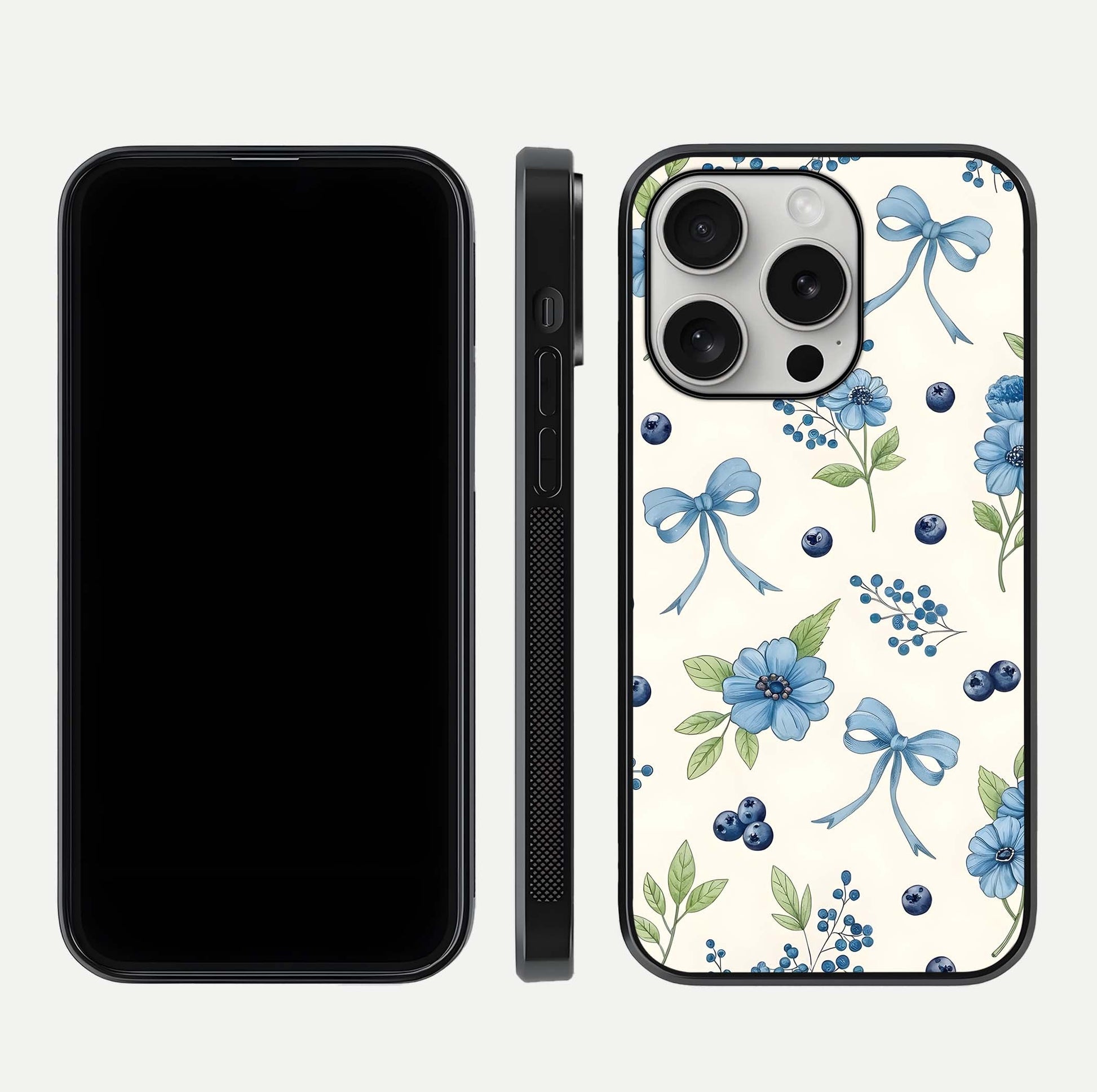 Blue Flower & Bow Glass Case for iPhone 16 Pro dual-view layout showing balanced pattern and smooth edges