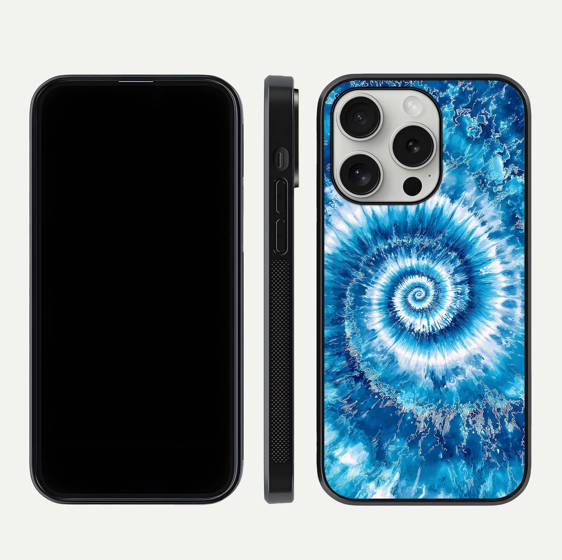 Blue Galaxy Wave Glass Case for iPhone 16 Pro front-and-back layout showing gradient flow and shine clarity