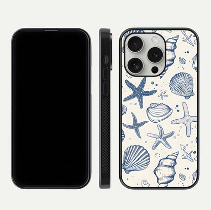 Blue Ocean Outline Glass Case for iPhone 16 Pro front-and-back layout showing minimal wave design and HD gloss