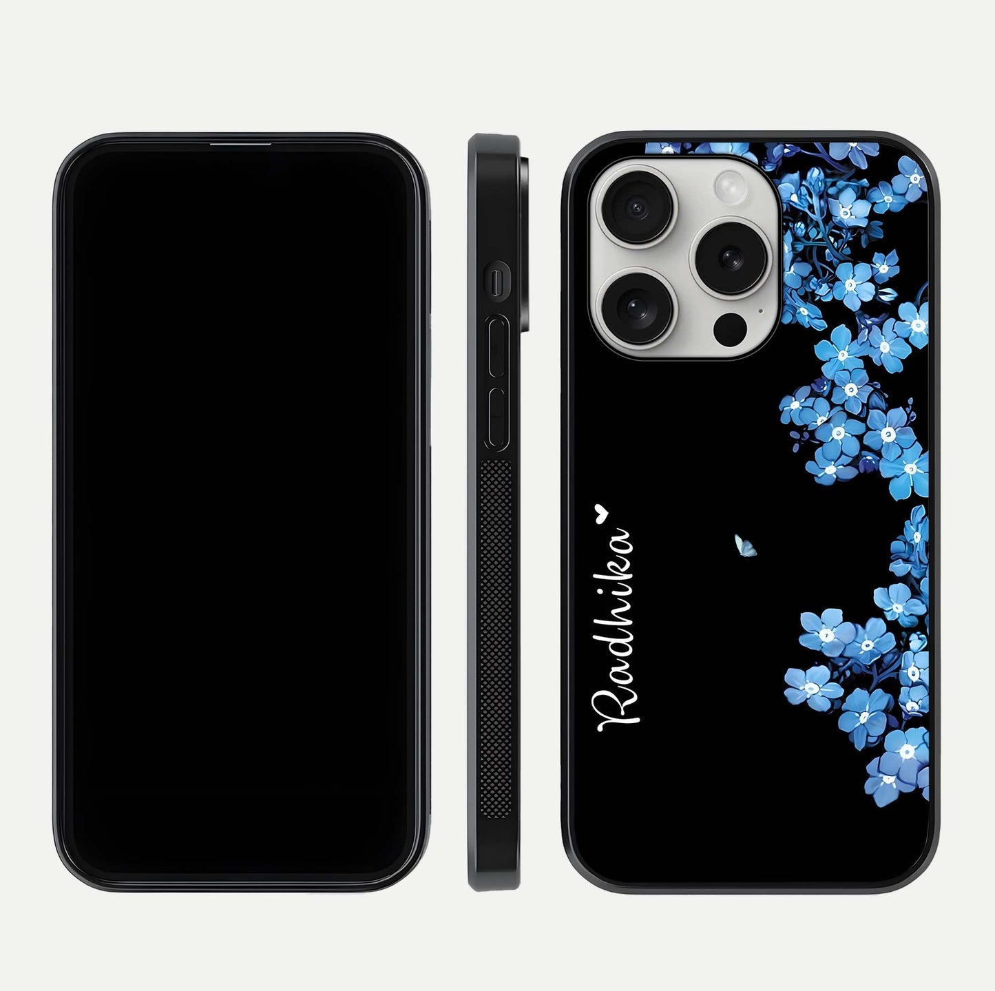 Blue Petal Dream Custom Name Glass Case for iPhone 16 Pro dual-view layout showing text placement and premium finish