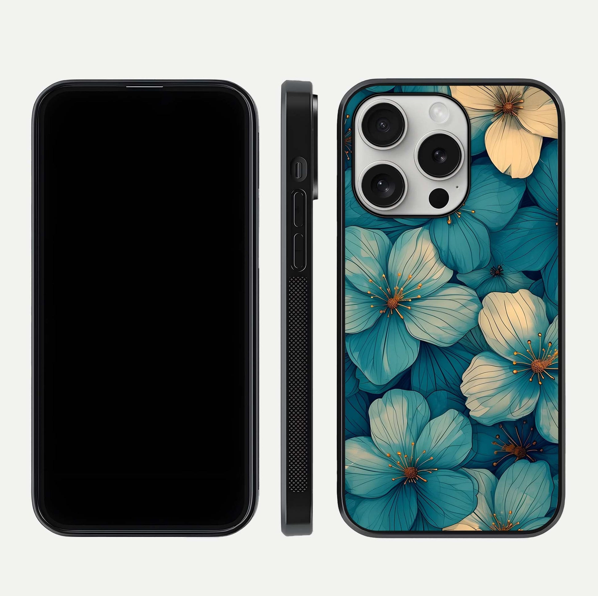 Blue Shade Floral Glass Case for iPhone 16 Pro front-and-back layout displaying bloom contrast and edge polish