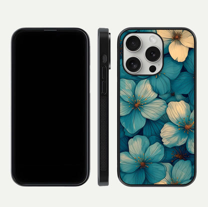 Blue Shade Floral Glass Case for iPhone 16 Pro front-and-back layout displaying bloom contrast and edge polish