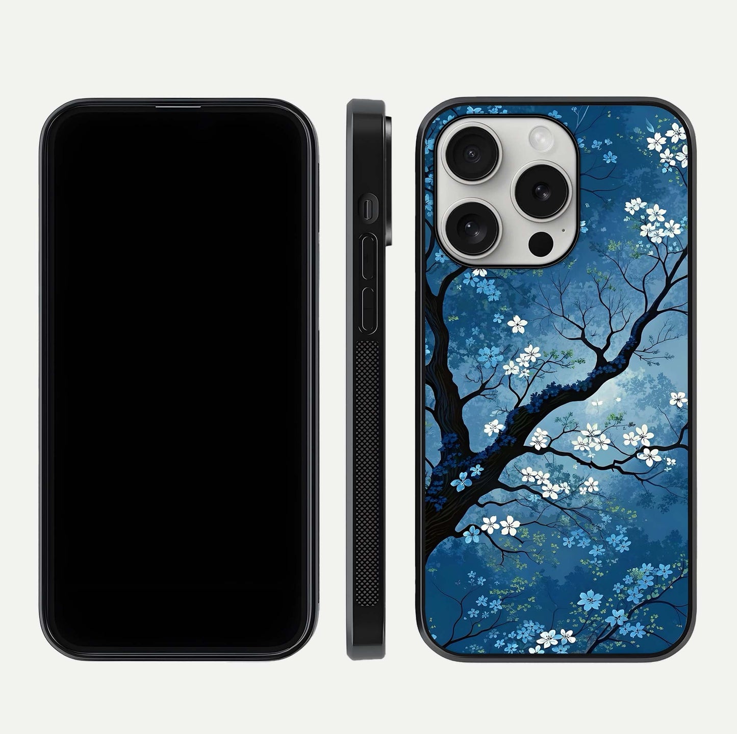 Blue Tree Serenity Glass Case for iPhone 16 Pro front-and-back layout showing gradient background and smooth edges