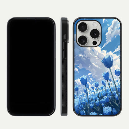 Blue Tulip Clouds Glass Case for iPhone 16 Pro front-and-back layout showcasing floral detail and polished edges
