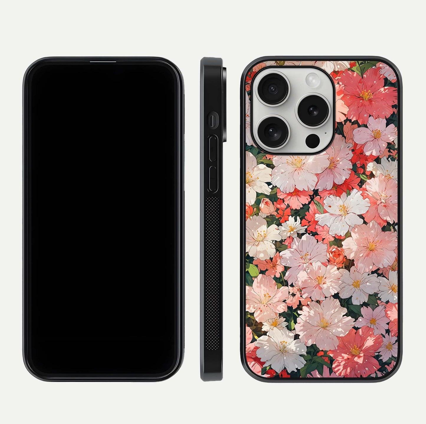 Blush Bloom Field Glass Case for iPhone 16 Pro dual-view layout showing bloom arrangement and protective frame