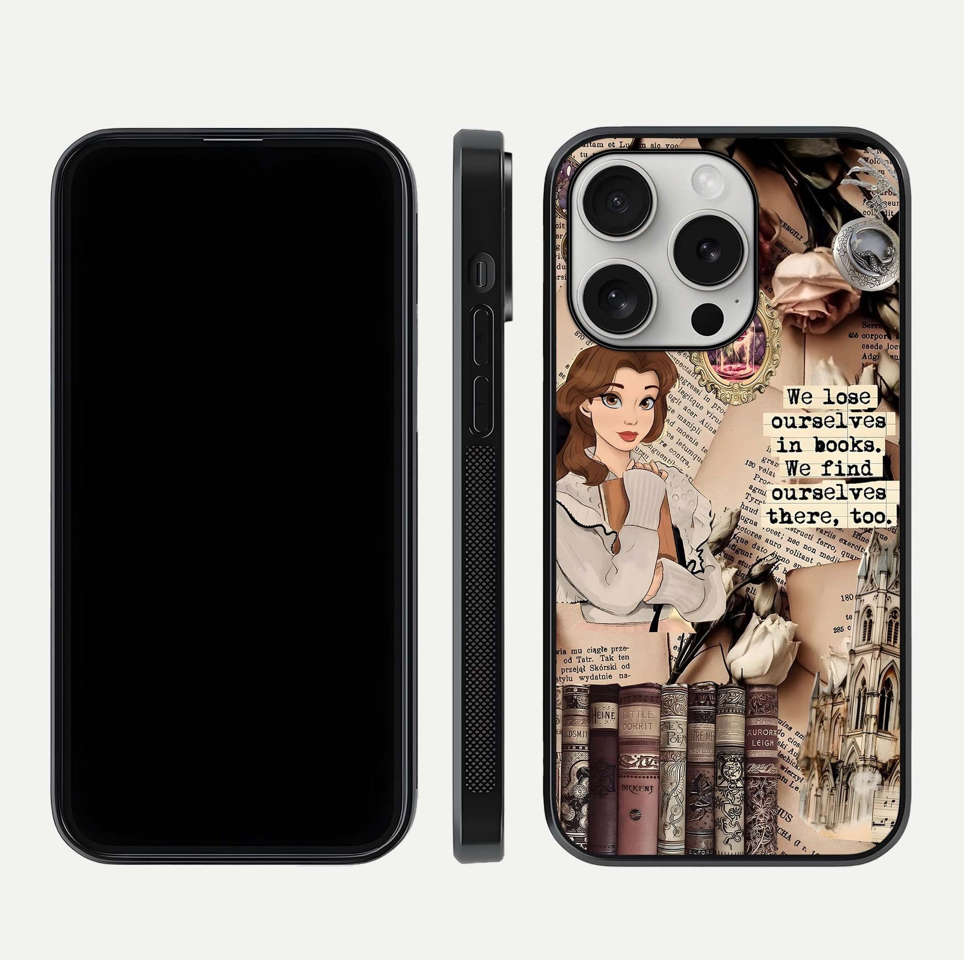 Bookish Dream World Glass Case for iPhone 16 Pro dual-view layout displaying colorful fantasy print and edge finish