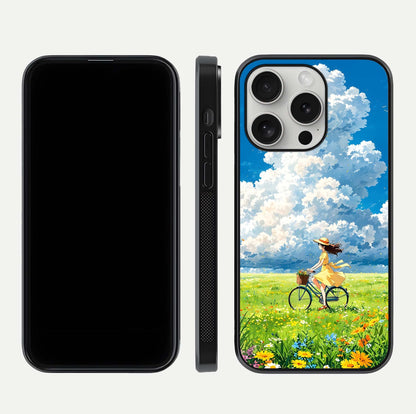 Breezy Meadow Ride Glass Case for iPhone 16 Pro dual-view layout showing soft landscape design and reflection gloss