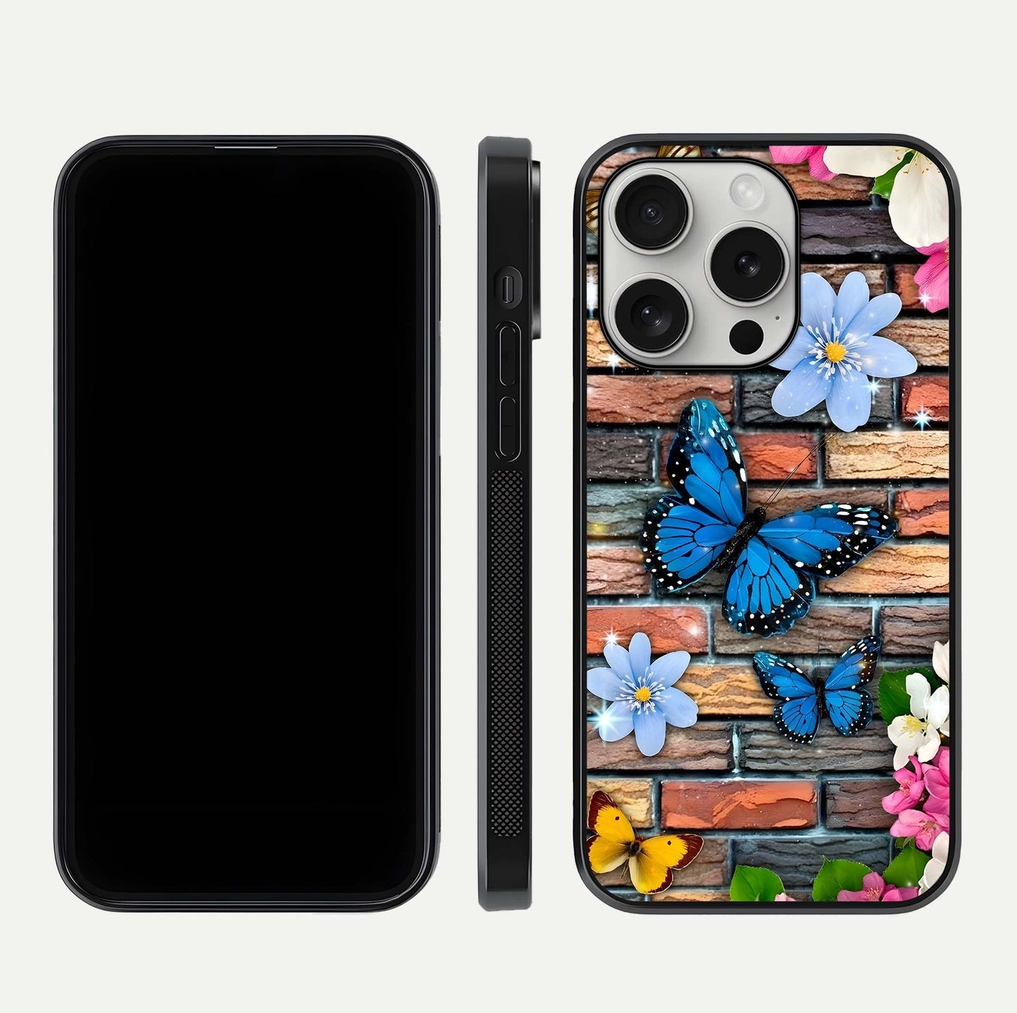 Brick Bloom Flight Glass Case for iPhone 16 Pro dual-view layout showing bloom placement and protective edge design