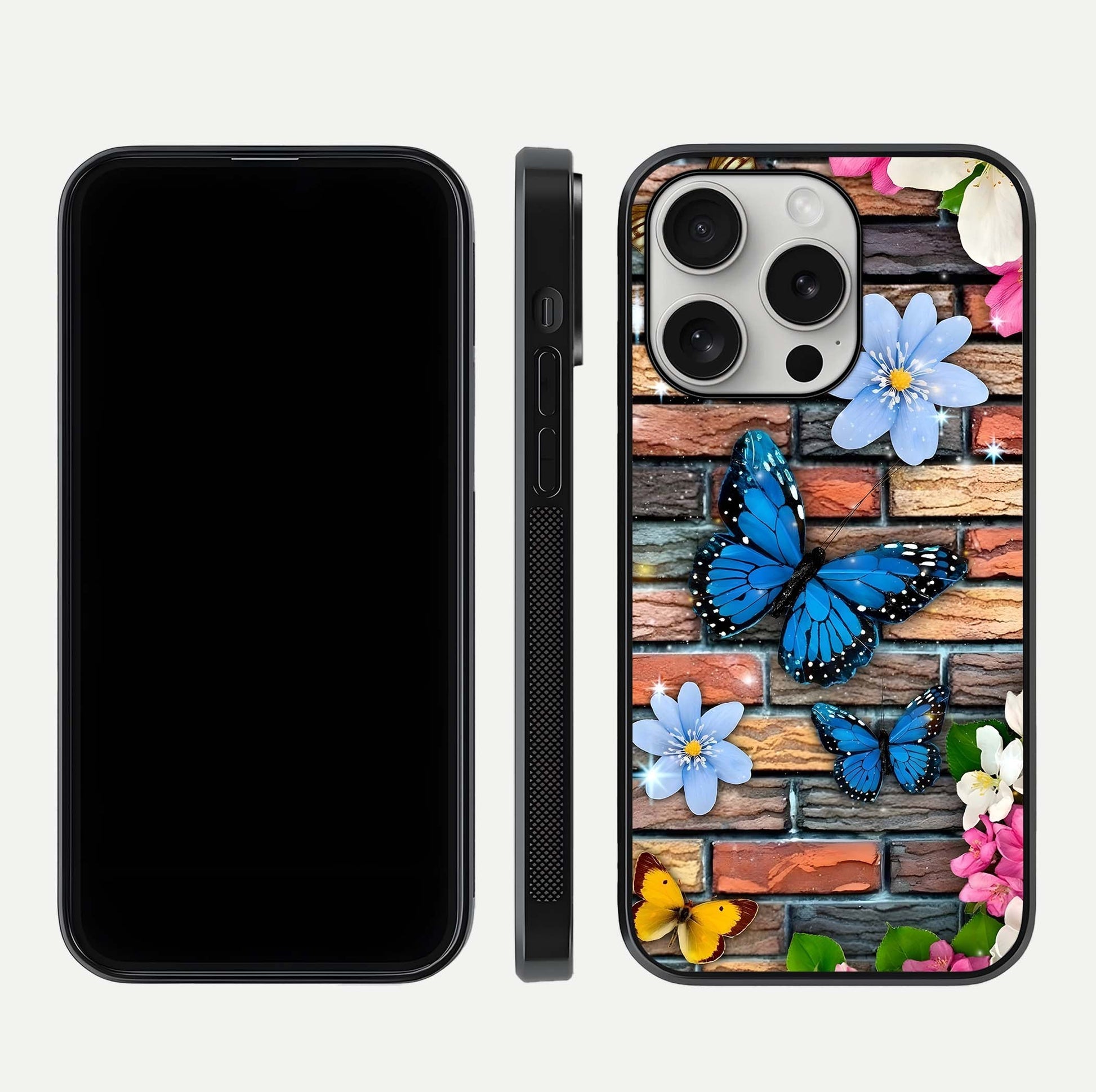 Brick Bloom Flight Glass Case for iPhone 16 Pro dual-view layout showing bloom placement and protective edge design