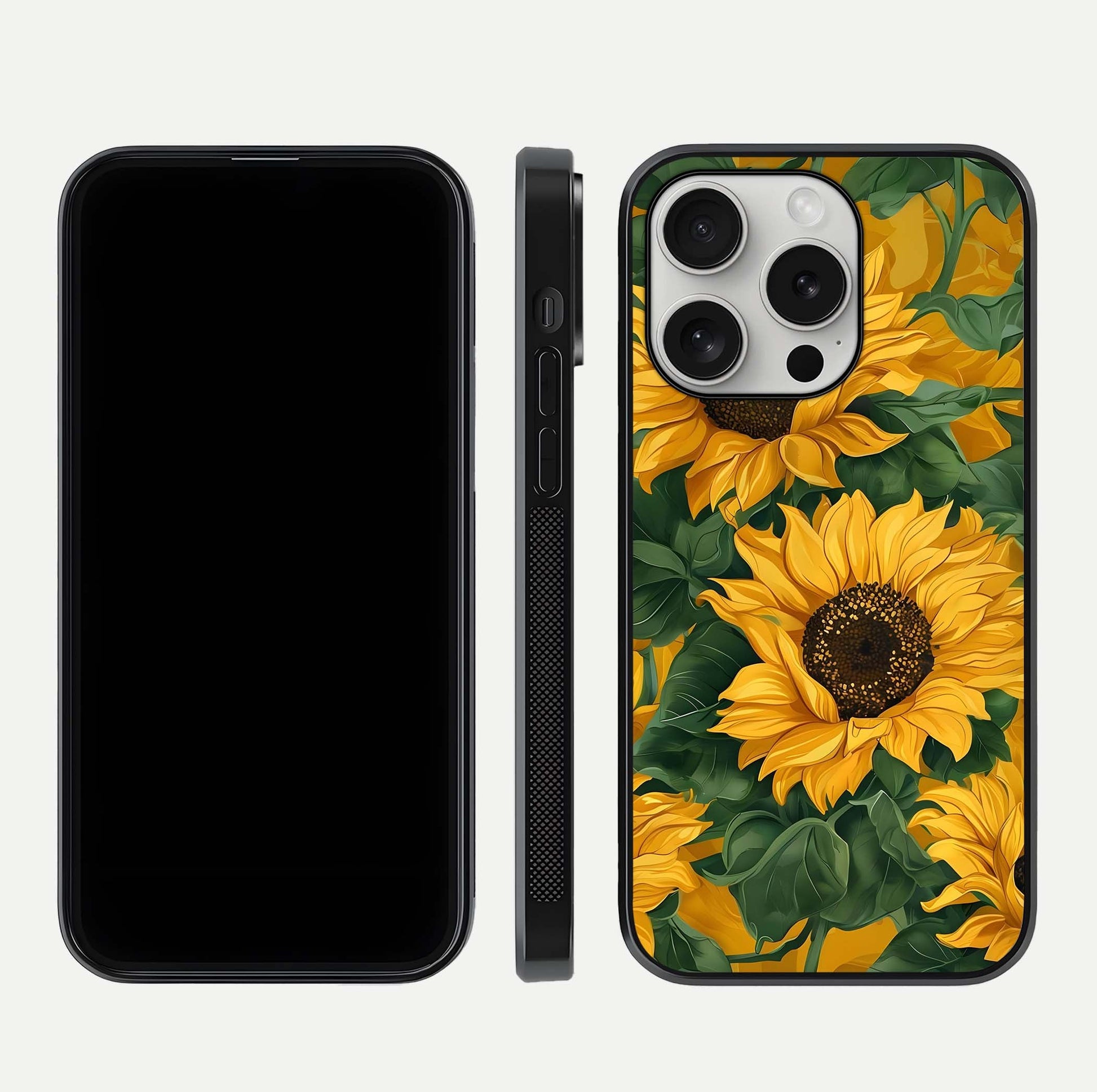 Bright Sunflower Bloom Glass Case for iPhone 16 Pro dual-view layout displaying floral glow and curved glass edge