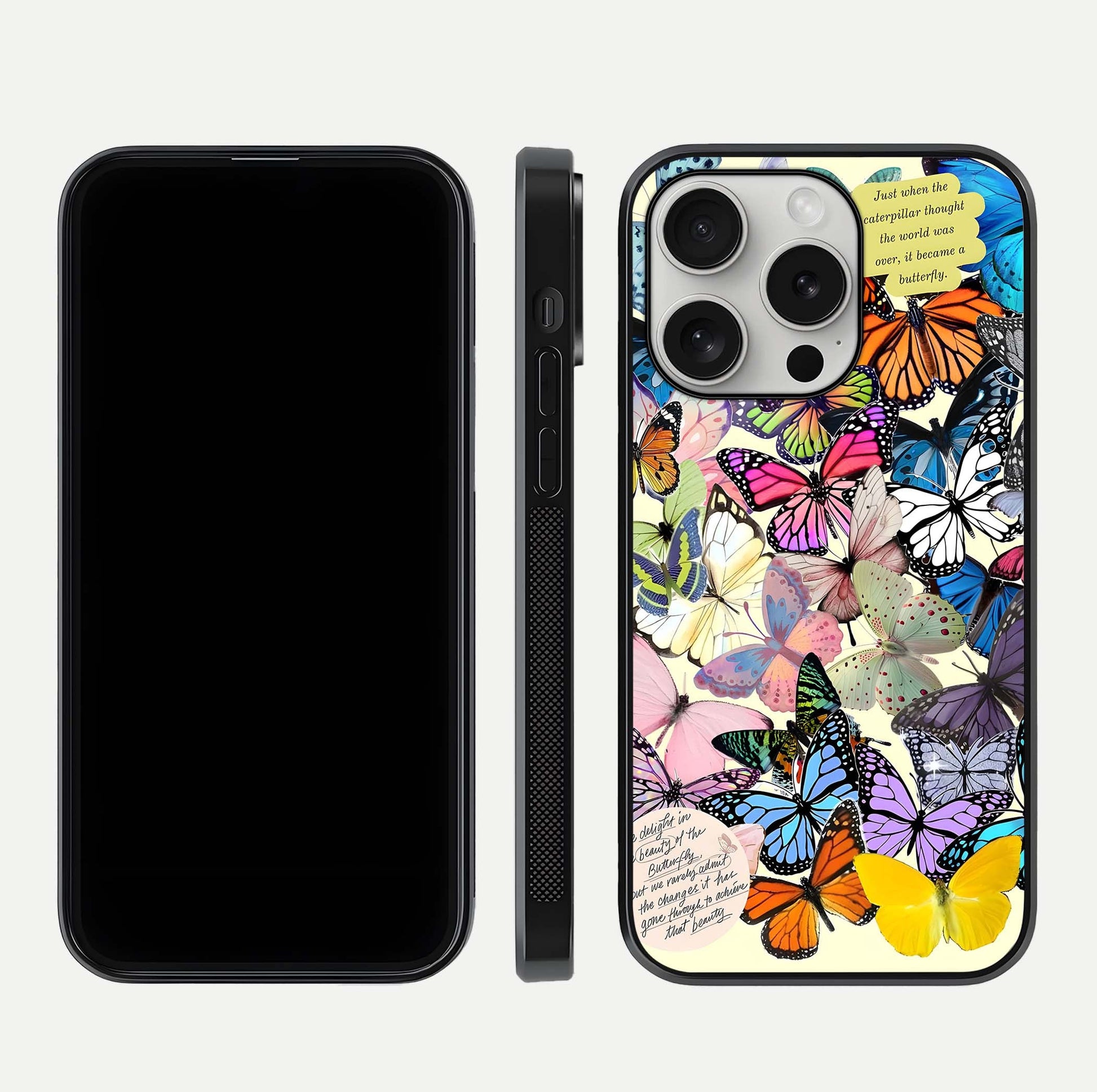 Butterflies Petal Dream Glass Case for iPhone 16 Pro front-and-back layout showcasing floral spread and reflection shine