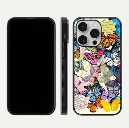Butterflies Petal Dream Glass Case for iPhone 16 Pro front-and-back layout showcasing floral spread and reflection shine