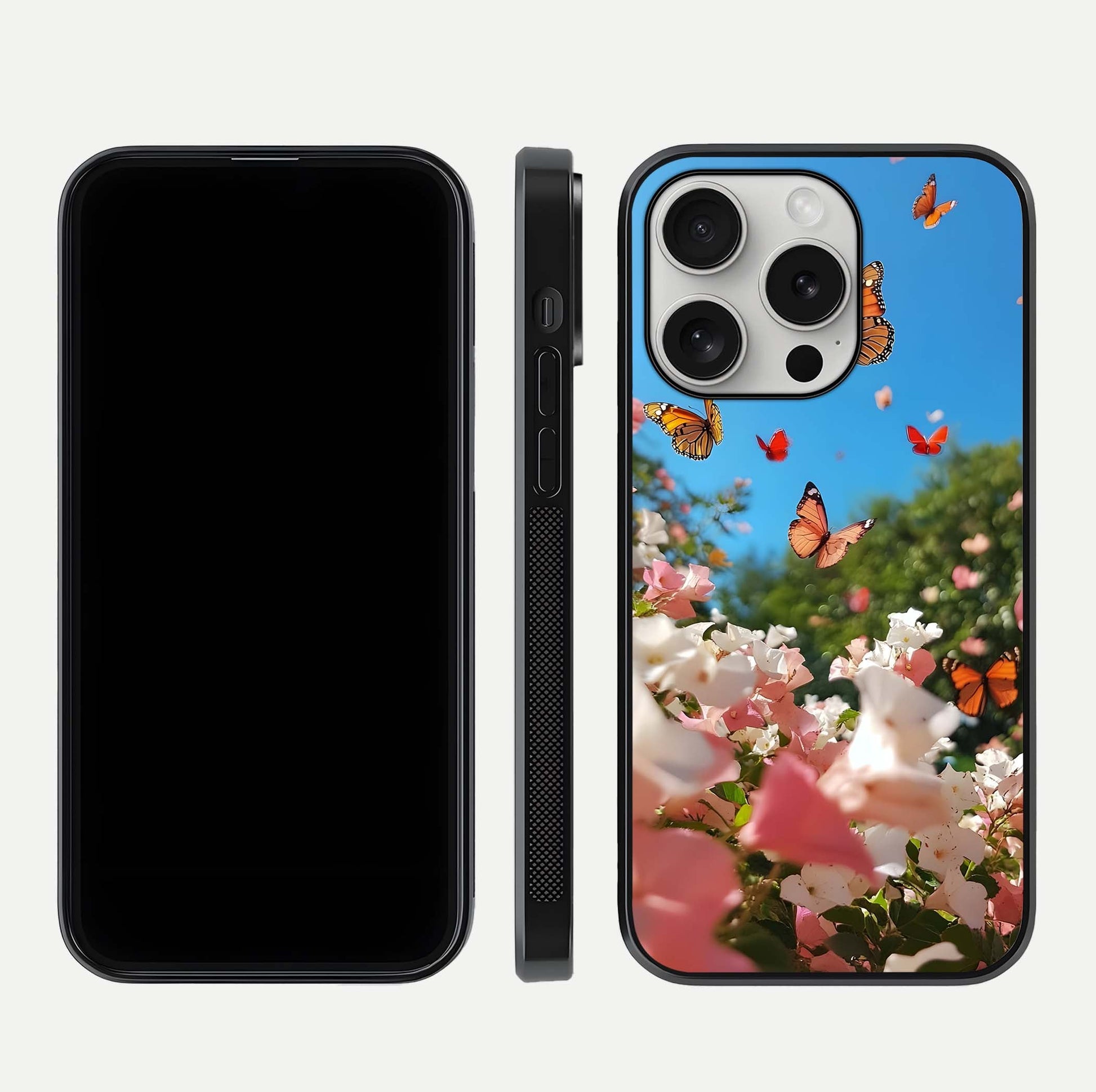 Butterflies in Bloom Sky Glass Case for iPhone 16 Pro dual-view layout displaying elegant composition and glass gloss