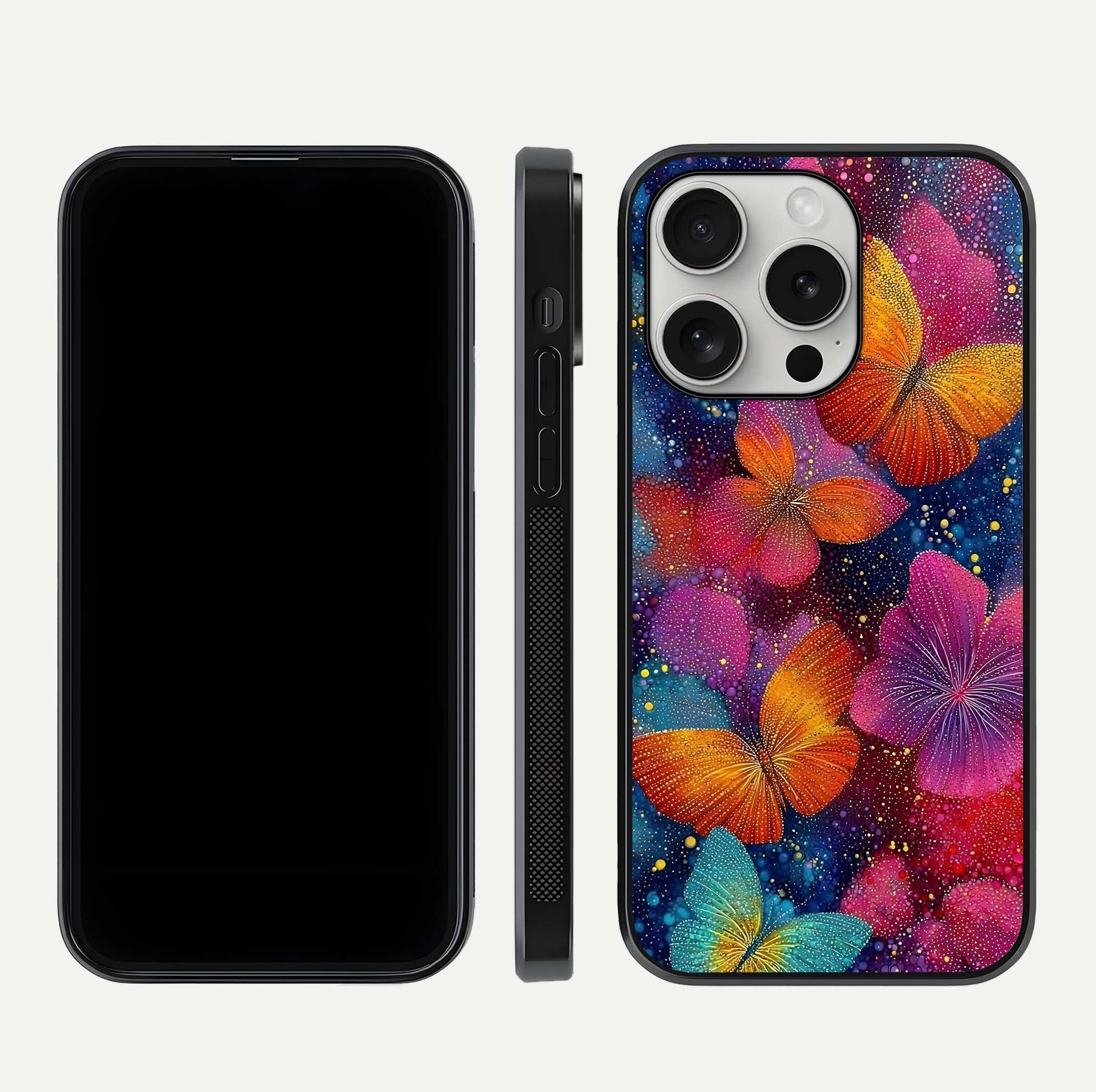 Butterfly Dream Mist Glass Case for iPhone 16 Pro dual-view layout showing mist background and edge polish