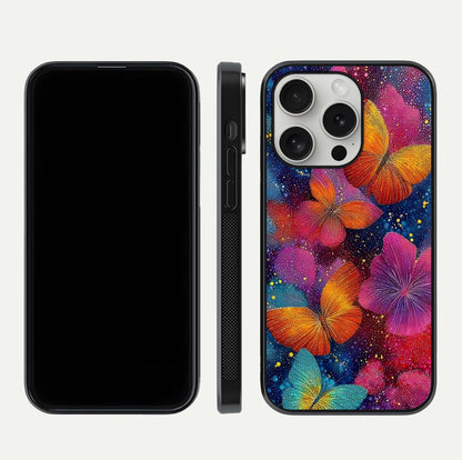 Butterfly Dream Mist Glass Case for iPhone 16 Pro dual-view layout showing mist background and edge polish