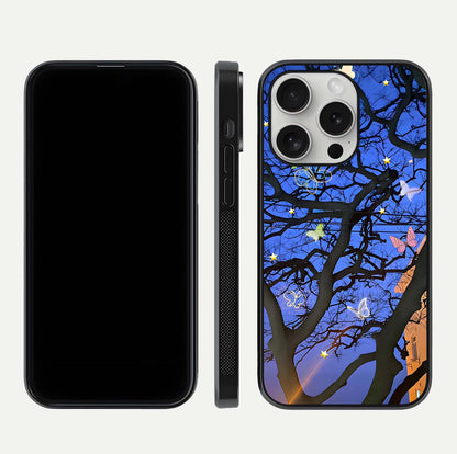Butterfly Night Magic Glass Case for iPhone 16 Pro dual-view layout displaying balanced art and edge clarity
