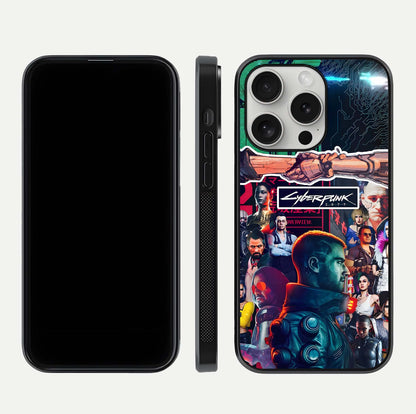 CYBERPUNK Legacy Glass Case for iPhone 16 Pro dual-view layout showing cyberpunk hues and glass precision
