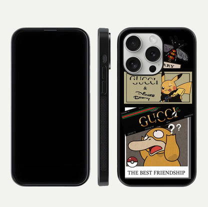 Cartoon Brand Play Mashup Glass Case for iPhone 16 Pro front and back view layout highlighting multi-logo artwork and curved edges
