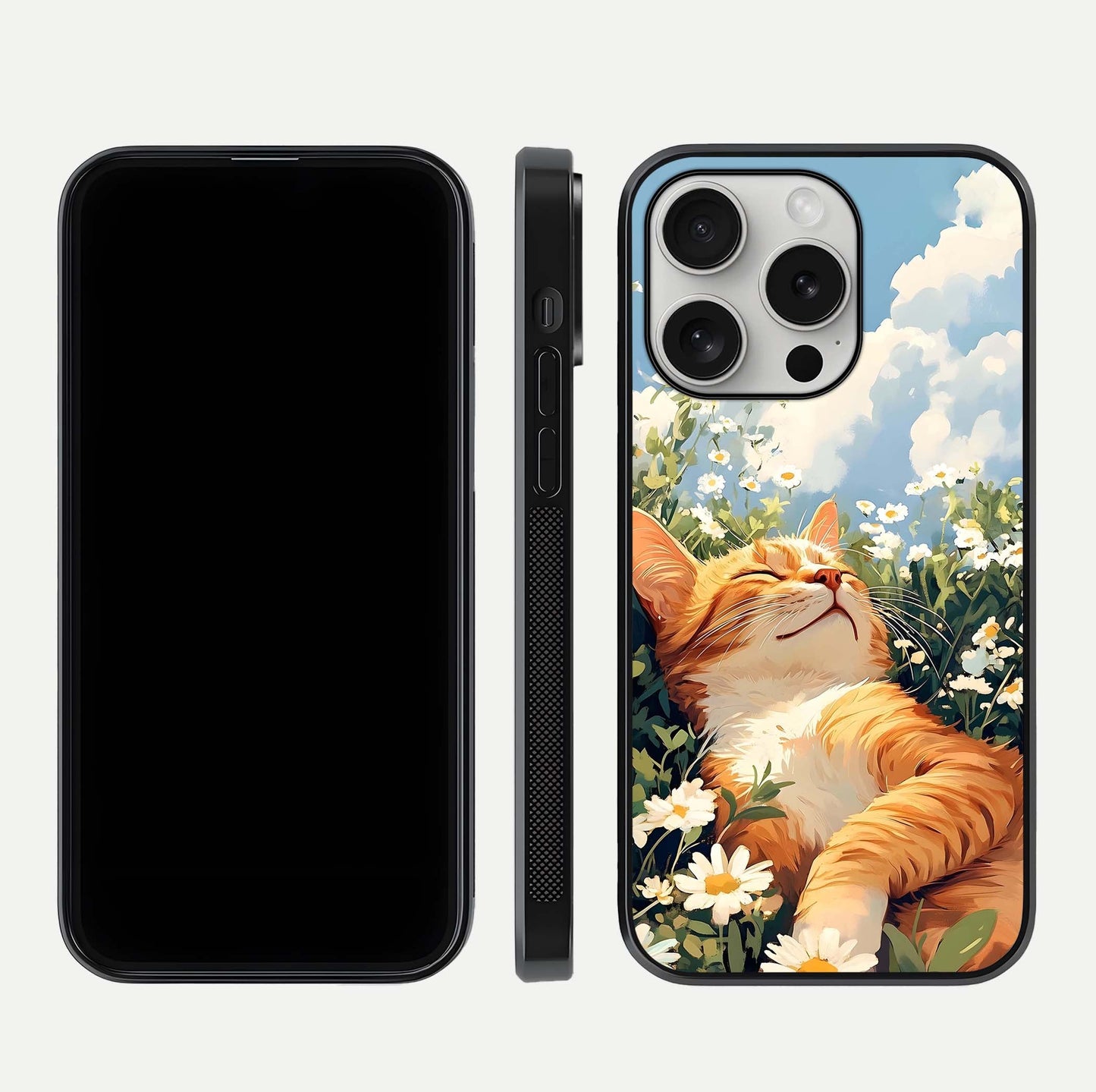 Cat & Flowers View Glass Case for iPhone 16 Pro front-and-back layout showing floral balance and gloss surface