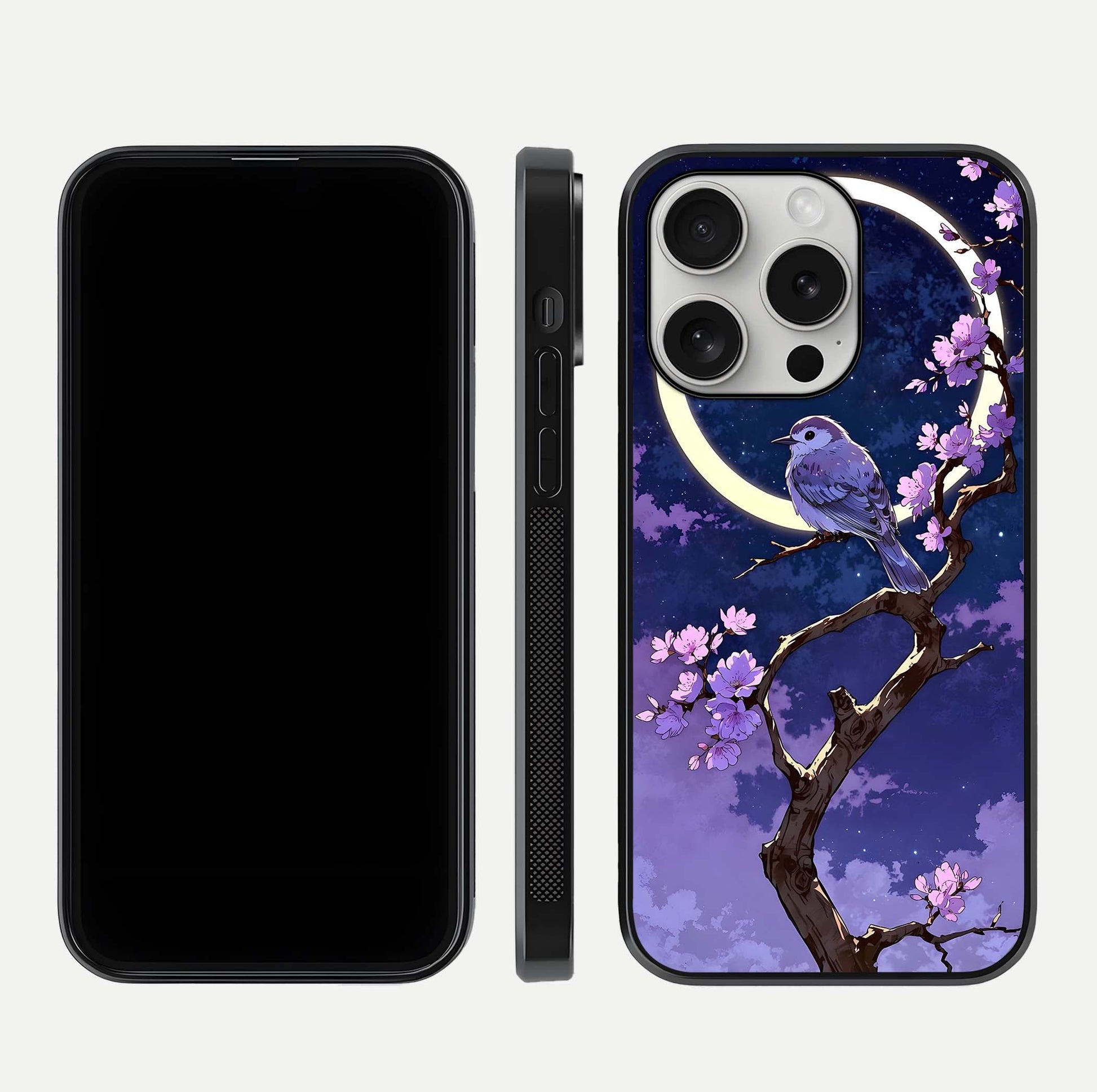 Celestial Bird Blossom Glass Case for iPhone 16 Pro dual-view layout showing art composition and edge clarity